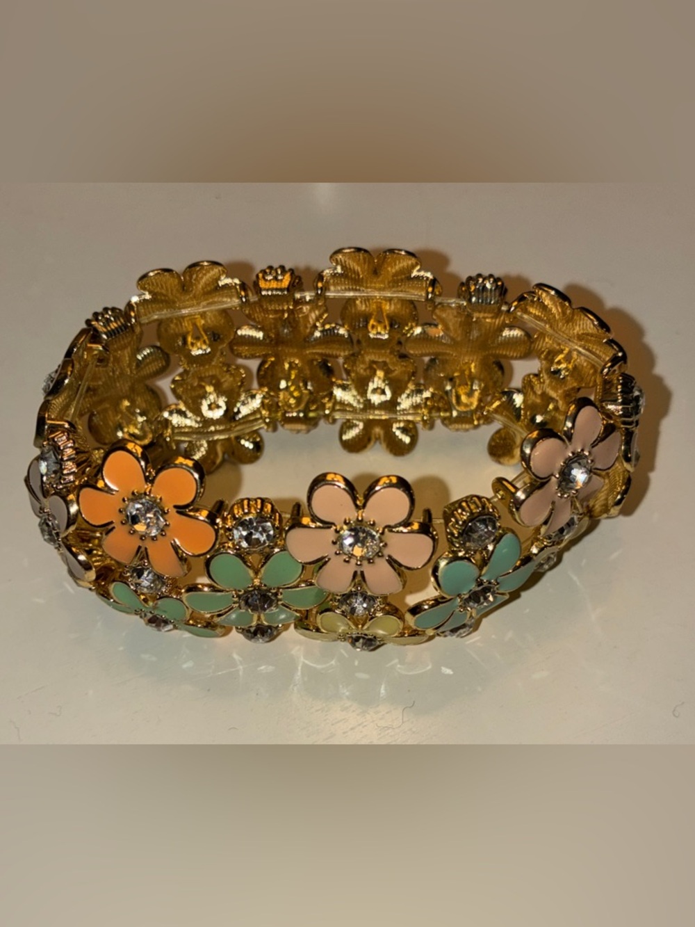 Pastel Enamel Flowers & Crystal Stretch Bracelet - Picture 2 of 6